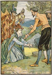 Mötet mellan Dorothea och Don Quijote, illustration från "Don Quijote of the Mancha" återberättad av domare Parry, pub. Blackie und Son Ltd, London, 1900